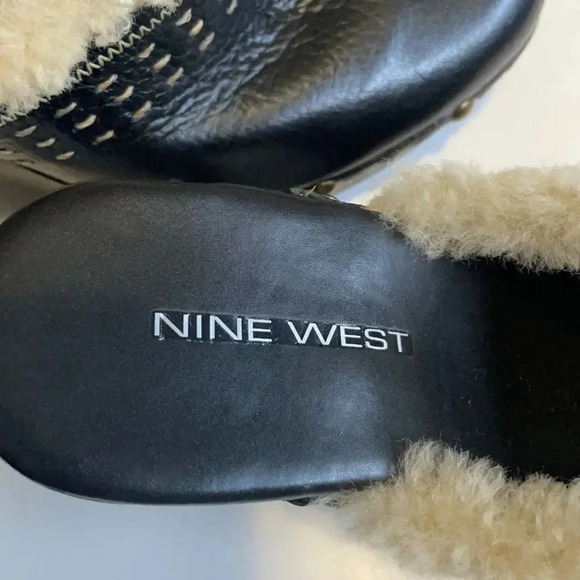 Nine West chunky heel clog mule Studded Black leather Size 8.5 Sherpa Retro - Picture 8 of 12